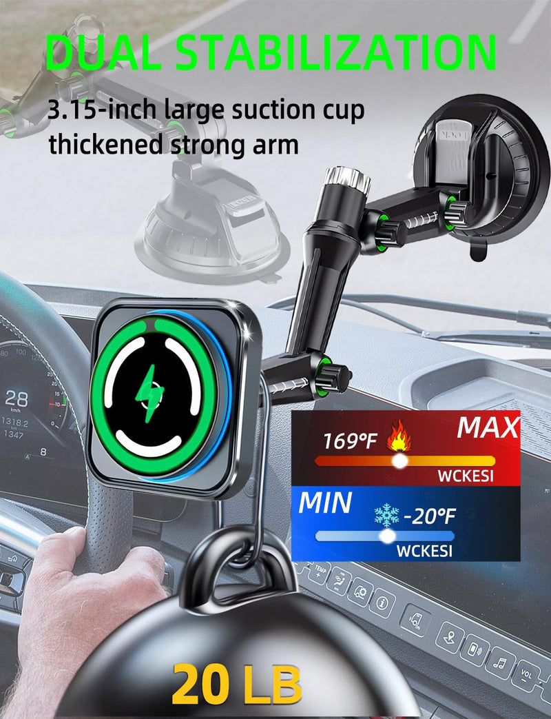 for MagSafe Car Charger Phone Mount Holder for Truck, 15W Fast Power | Magnetic Wireless Car Charging, 11-Inch Long Arm, Strong Vacuum Dash & Windshield Mount, Trucks Accessories, for iPhone 17-12 Mag-Safe-02
