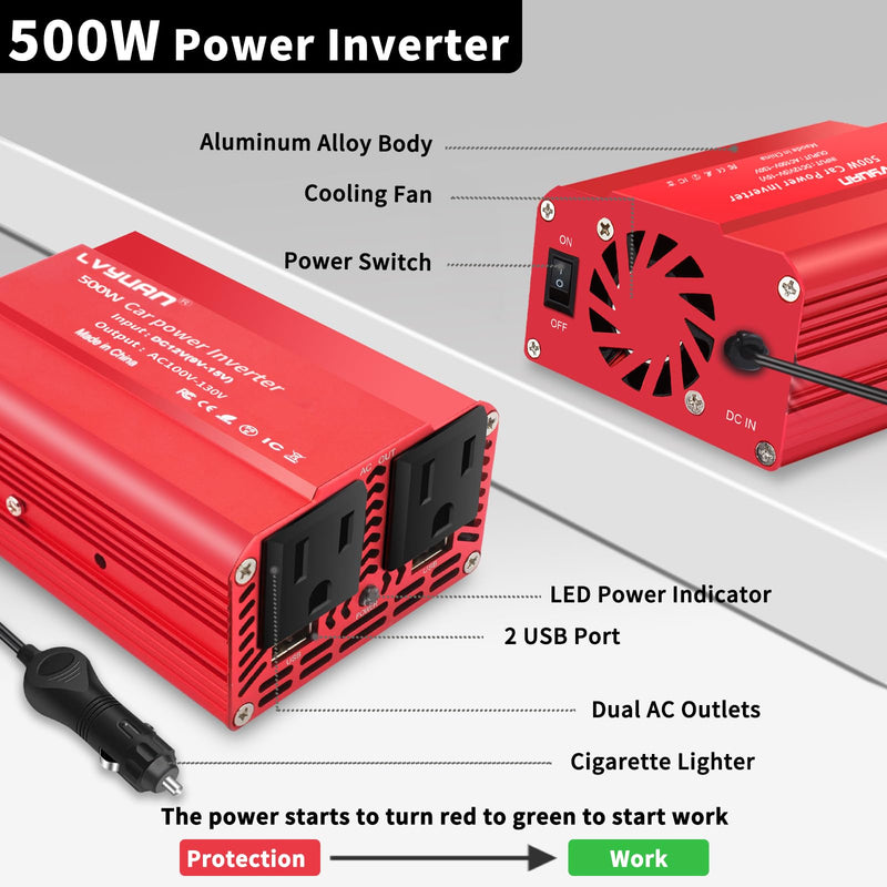 LVYUAN 500W Power Inverter for Vehicles DC 12V to 110V AC Car Plug Adapter Outlet Converter with 2 USB Fast Charging Ports and 2 AC Outlets Car Charger Adapter Red