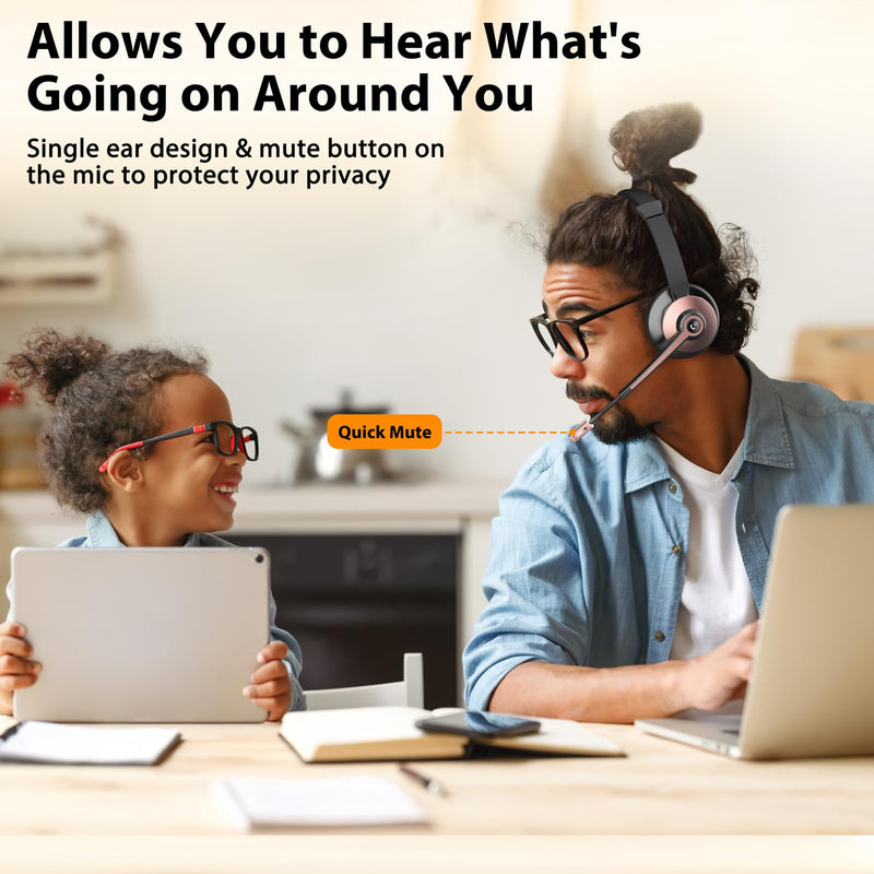 Bluetooth Headset, Wireless Headset with Noise Cancelling Microphone & Mute Function for Work, On Ear Wireless Headphones with USB Dongle & Charging Base for Work from Home Computer Office Call Center Rose Gold