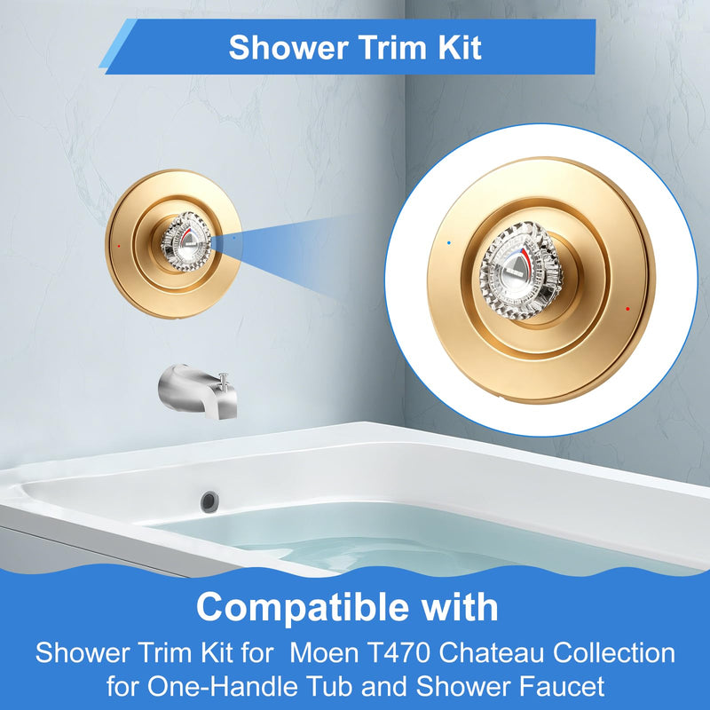 Shower Trim Kit, Compatible with Moen T470 Chateau Shower Trim Kit, for Dual Seal Cartridge Trim Kit and Single Handle Tub/Shower Trim, Includes Escutcheon, Tubes, Shower Handle and Screws, Gold