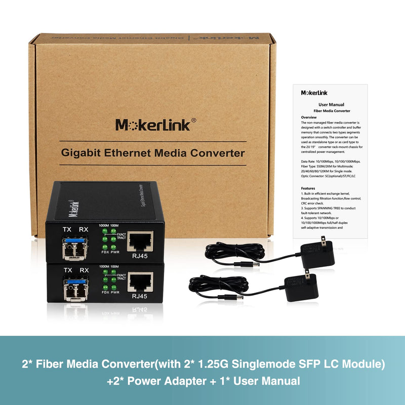 MokerLink Gigabit SFP to RJ45 Converter, A Pair 2 Pack Single-Mode Fiber to Ethernet Media Converter, 10/100/1000Mbps RJ45 Port, 1000Base-LX SFP Module 1310nm up to 20KM 2 Pack Single Mode