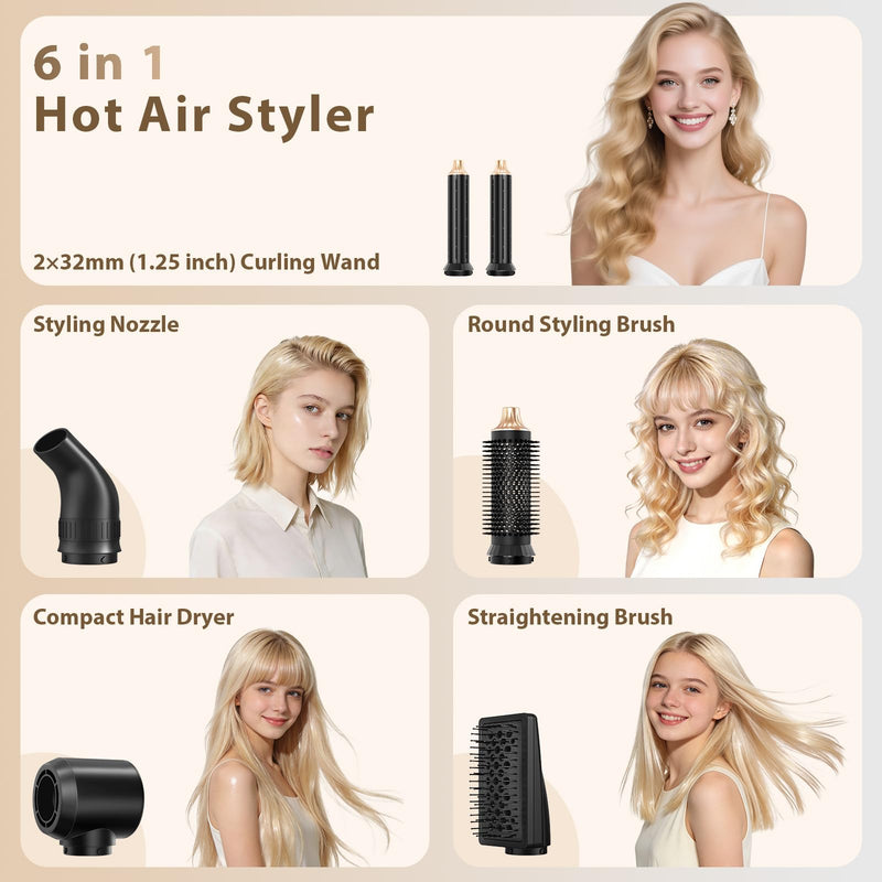 Sendowtek Hot Air Hair Styler Brush 950W for Women 6 in 1 | Multi Tool Hairdryer 3 Level Heat Comb for Rotating Straightening Volumize, Auto Hot-air Curler Daily Hair Styling