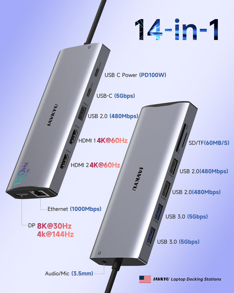 Triple Monitor Docking Station, 14-in-1 USB C Hub with DP 8K@30Hz/4K@144Hz, Dual HDMI 4K@60Hz, 100W PD, 7 USB Ports, SD/TF Card Reader, Gigabit Ethernet for MacBook & Windows Laptop 2*4K HDMI+8K DisplayPort
