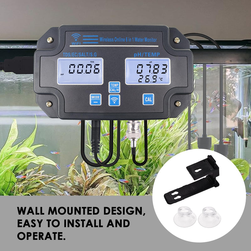 Water Quality Tester pH/EC/TDS/Salinity/SG/Temperature with Easy Calibration 24Hrs Online APP Monitoring for Fish Tank Aquariums Home Laboratory Smart Instrument 6 in 1 Digital pH Meter