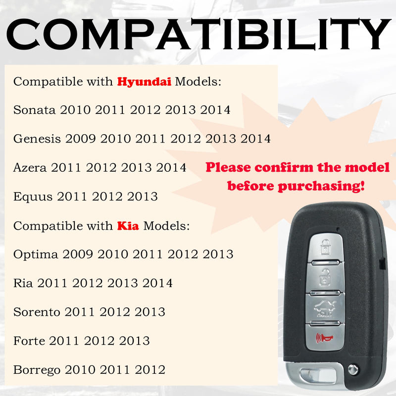 Key Fob Replacement Fits for Hyundai Sonata Genesis 2010 2011 2012 2013 2014 Azera Equus Kia Optima 2009-2013 Ria Sorento Forte Borrego Smart Keyless Entry Remote Control SY5HMFNA04