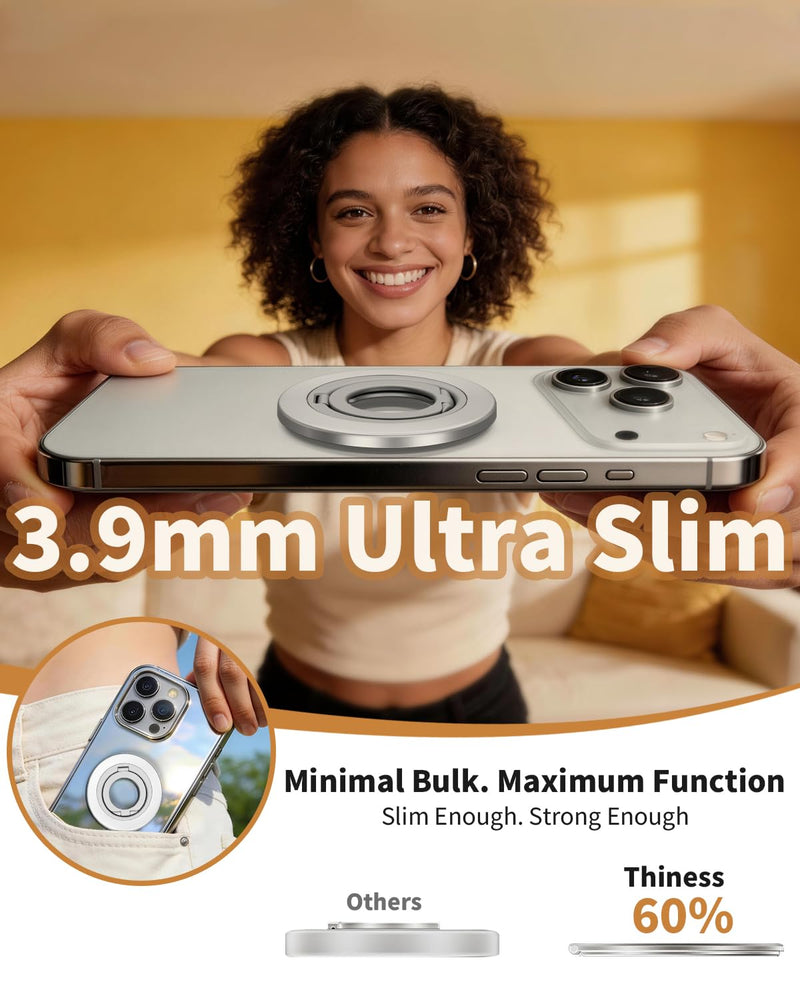 Ultra-Thin Magnetic Phone Ring Holder Grip for Magsafe Accessories | 360° Rotating Magnetic Cell Phone Grip With Dual-Sided Magnet And Foldable Stand For MagSafe & iPhone 17-12 Pro Max&Android silver