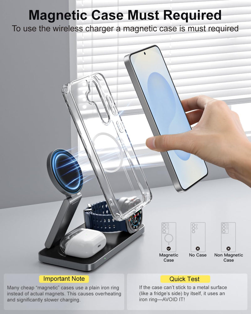 Qi2 25W Magnetic Wireless Charger for Samsung, 3 in 1 Fast Charging Station Compatible with MagSafe for Galaxy S26/S25/S24/S23/Ultra/Plus/Z Fold/Flip 8, Watch Ultra/8/7/6/5 & Buds with 35W Adapter Black 25.0 Watts