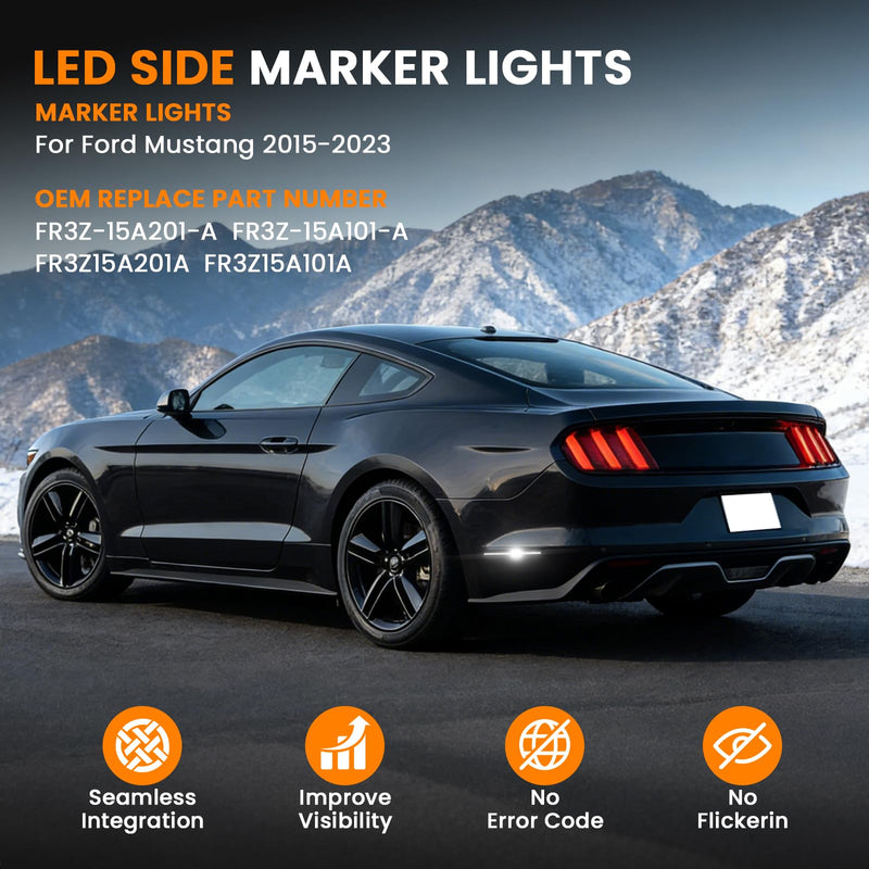 D-Lumina X-Style LED Side Marker Lights for Ford Mustang 2015-2023 Rear White Fender Marker Reflectors Lamps Smoked Lens, 2PCS Parking Lamps, Side Bumper Lights [Patent Pending]