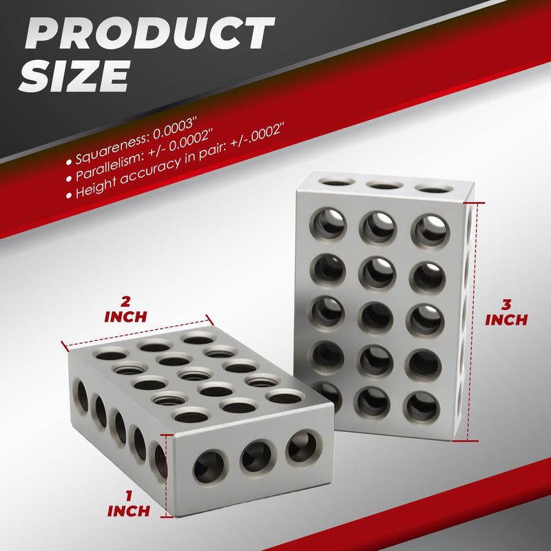 Nakkaa 1-2-3 Blocks Set Matched Pair 23 Holes .0002" Squareness Hardened Steel Setup Blocks Ultra Precision Machinist 1"x2"x3" Blocks for Machinist Woodwork Metalwork (23 Holes)