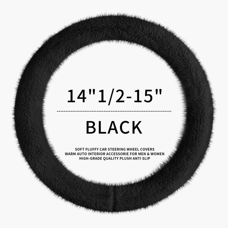 Fuzzy Winter Steering Wheel Covers for Women, Warm Cute Fluffy Car Wheel Cover for Sedan Suv, Super Soft Furry Girly Auto Plush Car Handle Cover for Cold Weather, Black, 14-15inch, Standard Size Standard Size[14"1/2-15"](37-38cm)