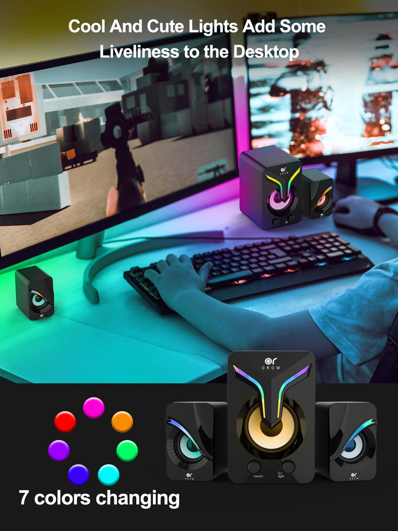 OROW Computer Speakers,Mini PC Speakers with Subwoofer,2.1 Desktop Speaker with RGB Lights,USB Powered, Stereo Sound,Gaming Speakerwith 3.5mm Aux Cable for Monitor/Laptop/Tablet(S212) Black