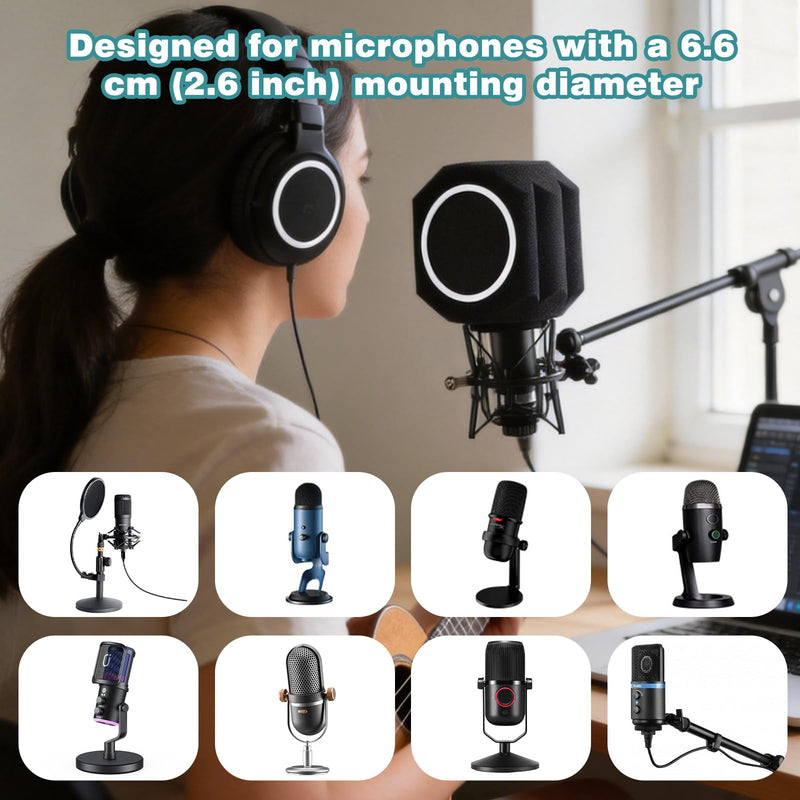 Microphone Isolation Shield Pop Filter for 40-66mm Microphone Soundproof Mic Isolation Ball Reducing Noise Eco Reflection Pop Shield Gift Mic Cover Foam for Podcasting Live Stream Subtitles Black