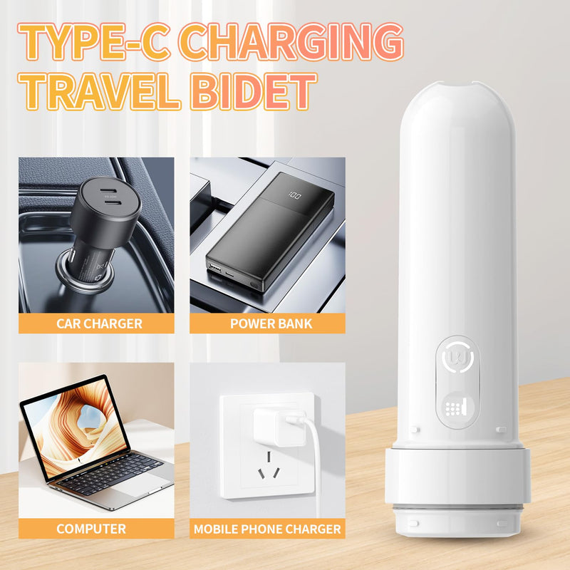 Rechargeable Portable Bidet with Bottle Adapter, IPX7 Waterproof Electric Bidet Sprayer, for Personal Hygiene Cleaning, Soothing Postnatal Care, Perineal & Hemorrhoid Treatment (White)