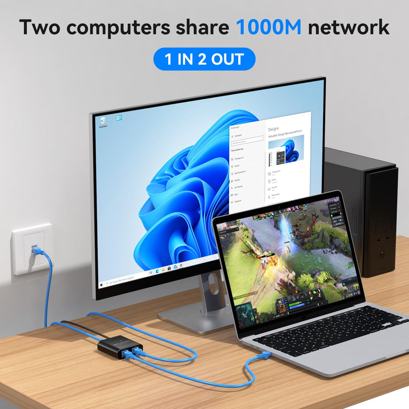 Ethernet Splitter 1 to 2 1000Mbps Internet Cable Splitter 1 in 2 Out High Speed Either Network Splitter Gigabit Dual LAN RJ45 Port Router Switch Work with Cat6/7/8 Cable Ethernet Splitter 1 to 2