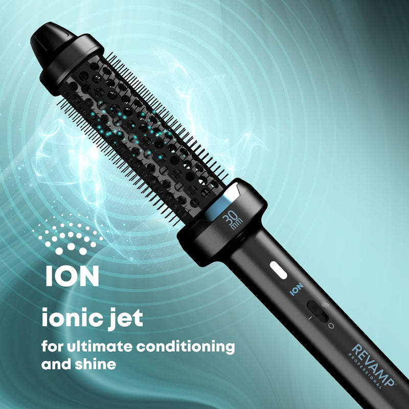 REVAMP Ceramic Hot Brush Styler - 30 mm Round Barrel, Ionic | Hair Curling Brush, Progloss Oils, Volumising Body, Bounce, Curl & Waves, Fast Heat, Snag Free
