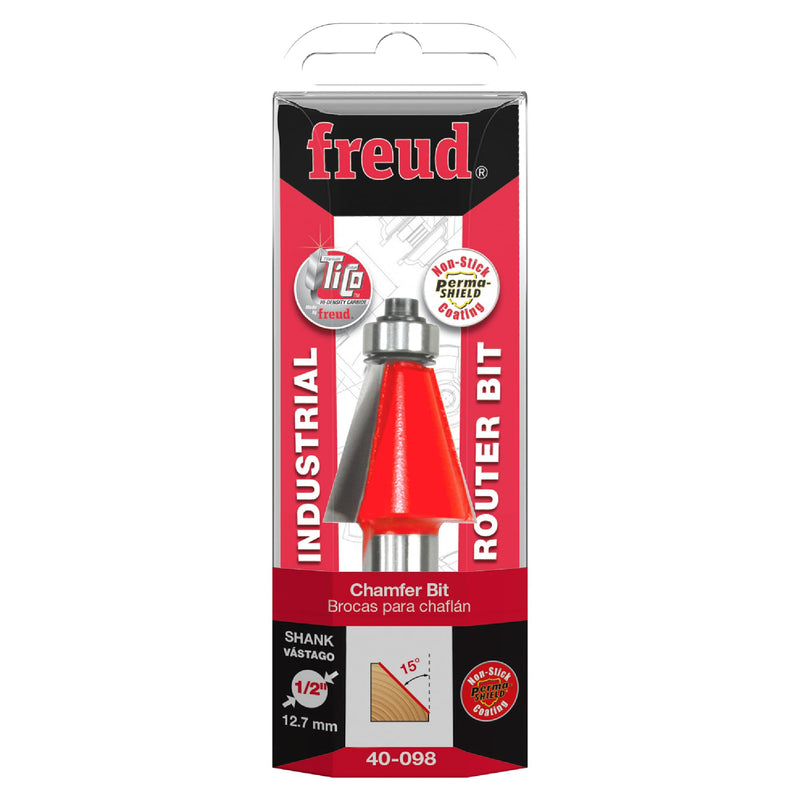 Freud 40-098: 1" (Dia.) Chamfer Bit with 1/2" Shank | 15° Angle, 2 Cutters, TiCo Hi-Density Carbide for Maximum Performance - Ideal for Edge Treatment & Joinery - 40-098