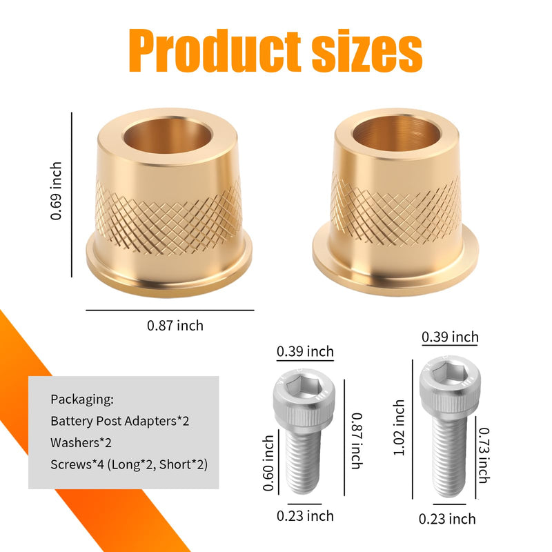 SAE 580 Short Brass Battery Post Adapter Kit,Knurling Car Battery Terminal Adapter with Washer/2 Lengths of M6 Screws,Essential Batteries Post Terminals Adapters for Car Audio System