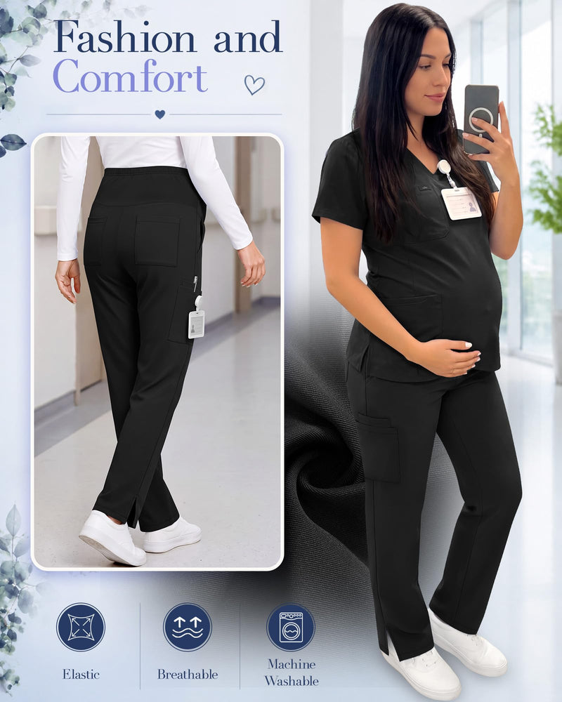 Women's Maternity Scrub Pants 6 Pockets Stretchy Pregnancy Cargo Workwear Straight Leg High Waist Nurse Trousers Black Medium