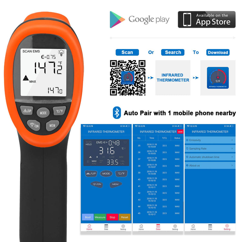 BTMETER BT-985CAPP Industrial Infrared Thermometer, 12:1 Distance Spot Ratio, Digital Non-Contact HVAC Laser Temperature Gun Test Temp -58℉~1472℉ for Kitchen Pizza Oven,NOT for Human BT-985CAPP Orange(-58℉ to 1472℉)