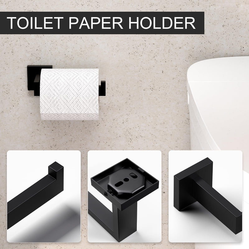 HAWKROWN 5-Piece Matte Black Bathroom Accessories Set, SUS304 Stainless Steel Wall Mounted 14.2 Inch Hand Towel Bar, Toilet Paper Holder, Towel Ring, Towel Hooks, Bathroom Hardware Set, Towel Bar Set 5 Piece-14.2 inch