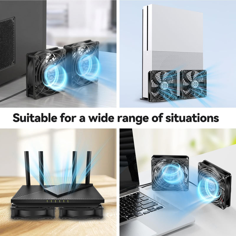 ELUTENG 120mm Double USB Fan with 8 Shock Absorbent Feet Dual USB Computer Fans 3 Adjustable Speeds Quiet PC Cabinet Cooling for Router, Receiver, TV Box, DVR, Xbox, PS6, PS5, Cabinet