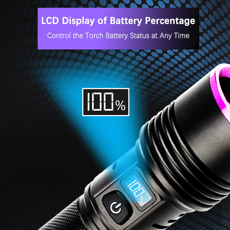 365nm Black Light Flashlight, UV Flashlight 7000 mAh Rechargeable with LCD Display, UV lamp for Pet Urine Detection, Blood Tracking, Scorpion, Uranium Glass, AC Leak 365nm 30W Rechargeable