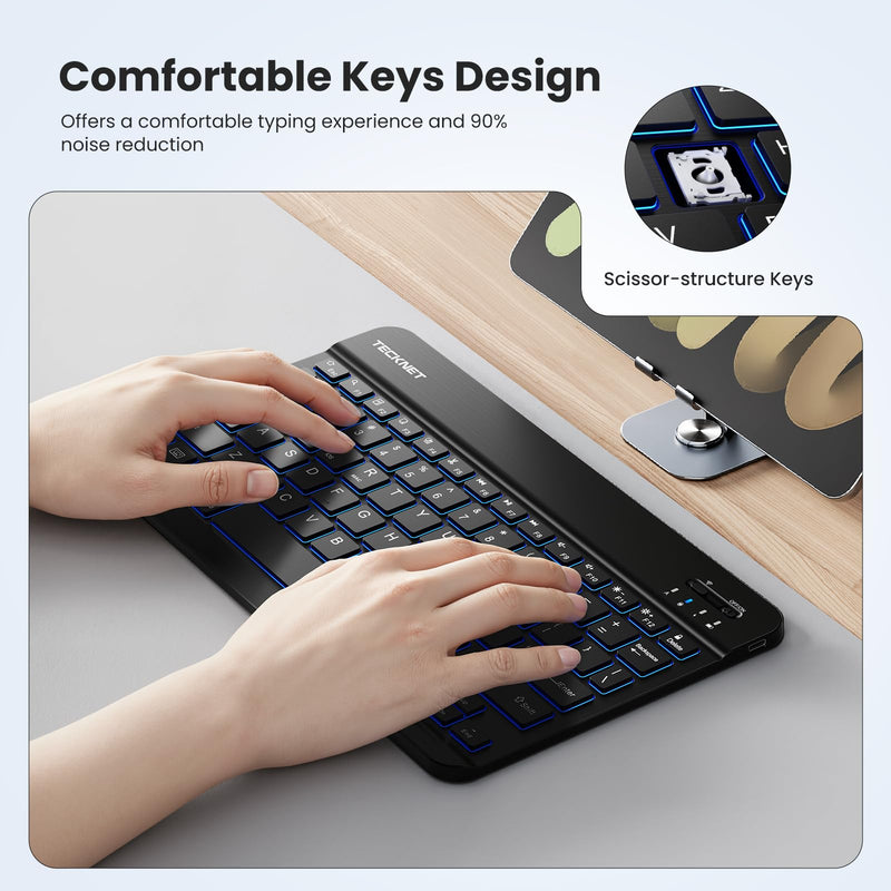 TECKNET Bluetooth Keyboard for iPad, Rechargeable Small Portable Keyboard | Wireless Keyboard with Backlit, Slim Quiet Keyboard for iPad A16 11th 10th Generation iPad Pro Air, Computer for iOS/Android Black
