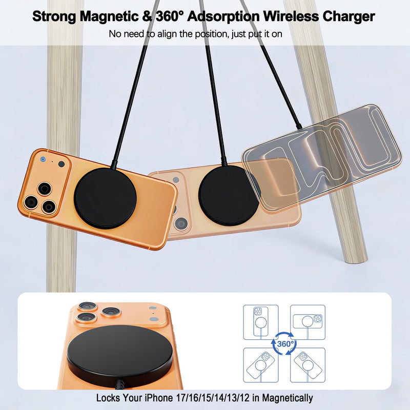 [Apple MFi Certified] iPhone Magnetic Wireless Charger 15W 6FT Mag-Safe Charging Pad with USB C Fast Wall Charger Block for iPhone 17 Pro Max/Air/16 Pro/16 Plus/15/14/13/12/AirPods Pro 3/2(Black)