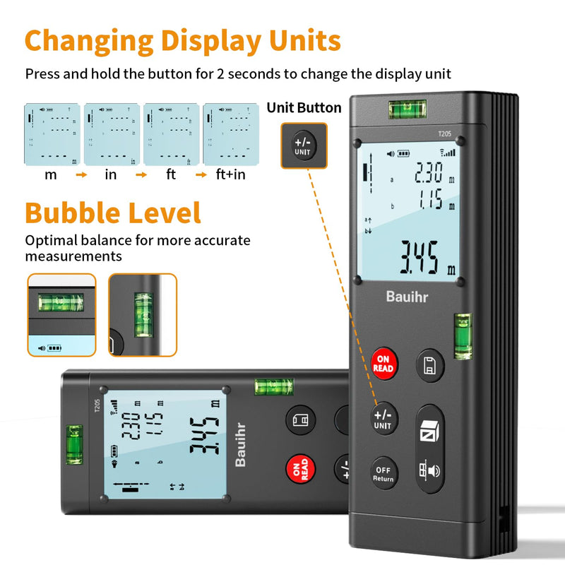 Bauihr 393ft Dual Laser Measuring Tool Aluminum Rechargeable Distance Meter | 120m Bilateral Laser Measurement Tool with Backlit LCD Display, Digital Angle, M/in/Ft Unit Switching