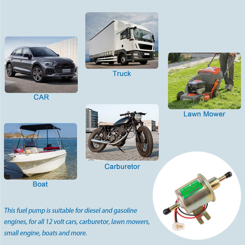Universal Electric Fuel Pump 12V, Inline Low Pressure Fuel Pump 3-6 PSI for Carburetor Lawn Mowers Small Engine Motorcycles ATVs and More