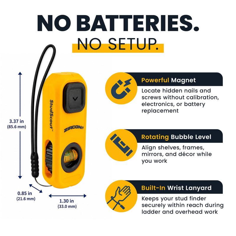 Zircon® StudScout™ Magnetic Stud Finder Wall Scanner 2-Pack, Battery-Free Wall Stud Locator with Built-in Level, Marking Button, Magnet and Lanyard for Wood and Metal Studs Behind Drywall