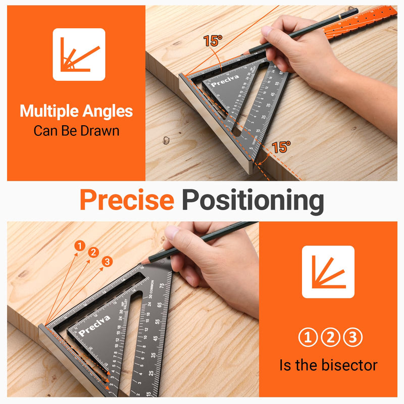 Preciva Foldable Carpenter Square Ruler, 12" (1/16" Scale) Aluminum Alloy Rafter Square Multi-Purpose Carpenter Tool Measuring Layout Tool for Woodworking and Carpentry, Includes Pencil