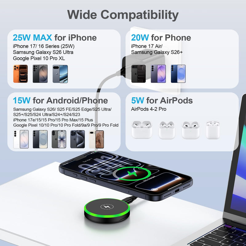 Super Fast Magnetic Wireless Charger Pad MagSafe 25W with 30W Power Adapter | Wireless Charger Mat for Google Pixel 10 Pro Fold 10 Pro 10A,MagSafe Fast Wireless Charging Stand for Samsung Galaxy S26 S25 Black