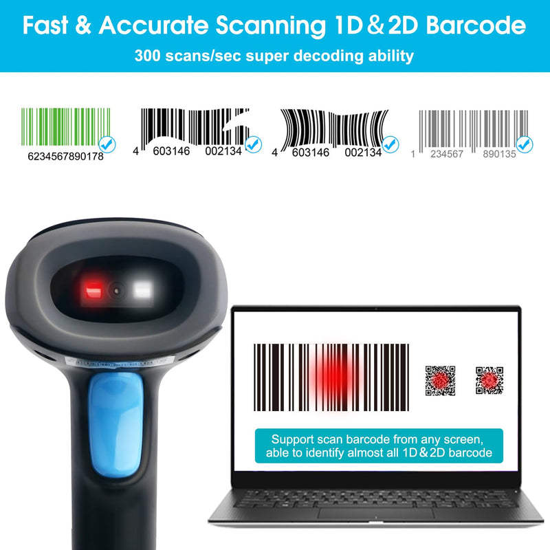 Sumicor Bluetooth Wireless Barcode Scanner with Stand, Handfrees Automatic Scanning & Manual Trigger Hand Barcode Scanner Gun, 1D 2D QR Code DM Scanner Work with Smart Phone, Tablet, PC 2D Bluetooth Wireless