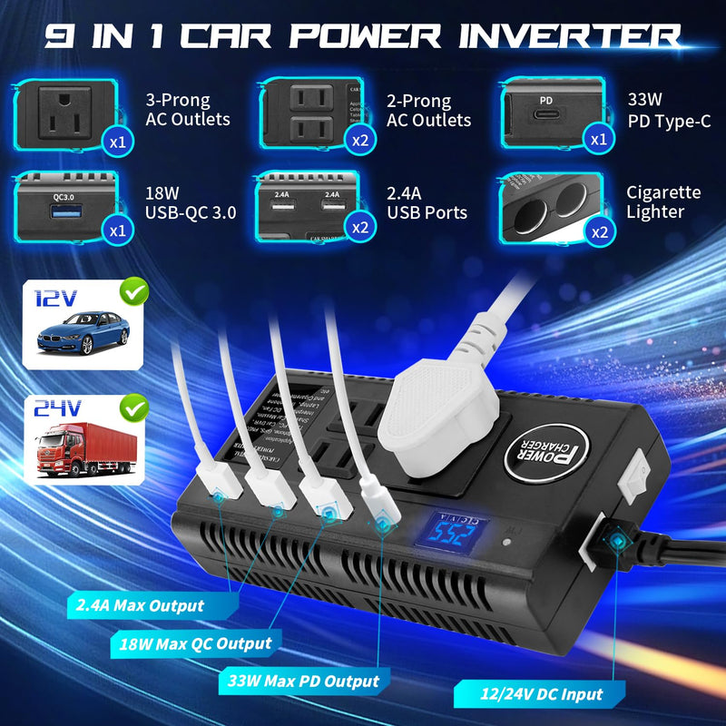 Car Power Inverter 120W DC 12V 24V to AC 110V Car Charger Adapter with 3 AC Outlets Dual Cigarette Lighter 4 USB Ports Charger Quick Charging 3.0 for Phones Tablets Laptops Kindle (Black) Black