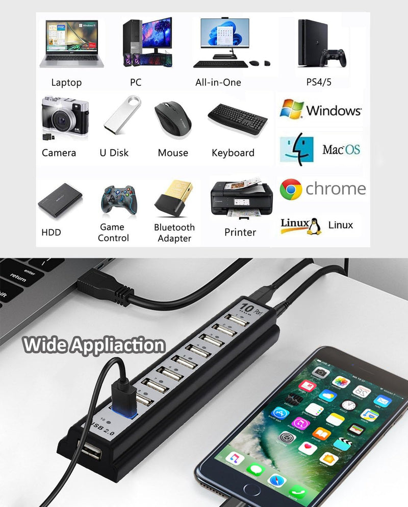 USB Hub 10-Ports, USB Hub Extender Network Splitter Adapter Fast Charging/Data Transfer with Powered, for MacBook, PC, Laptop, Mice, Keyboards USB Hub 10-Ports