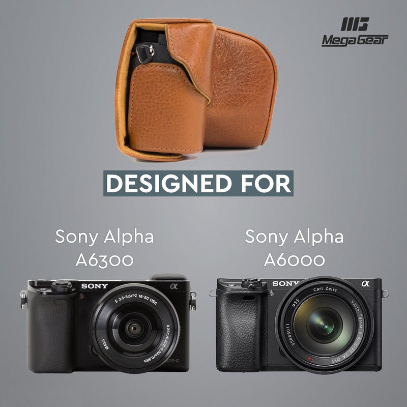 MegaGear MG560 "Ever Ready" Genuine Leather Camera Case, Bag for Sony Alpha A6000 , A6300 with 16-50mm (Light Brown) One Size Light Brown