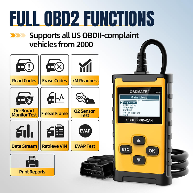 Car Scanner, OM201 Check Engine Code Reader OBDII Diagnostic Tool with Wireless Printing | Graphic Live Data| EVAP Test | DTC Lookup, Yellow