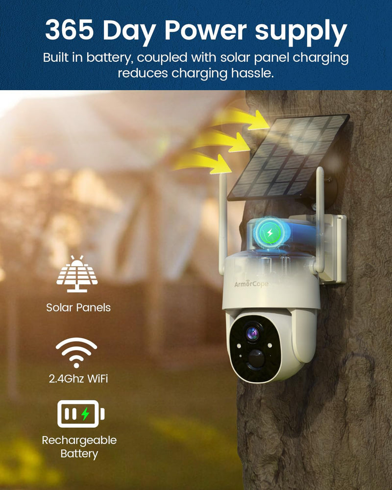 Solar Security Cameras Wireless Outdoor,360° View Battery Powered with Spotlight Color Night Vision,2K WiFi Home Security,PIR Sensor,Wireless Easy Install, 2.4 GHz Wi-Fi White WiFi 1 Pack