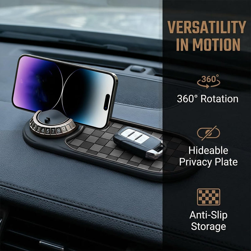 Car Anti-Slip Pad, 3 in 1 Vehicle Dashboard Mat with Temporary Parking Number & Rotatable Phone Holder, Multifunctional Anti Skid Automotive Dash Pad, Universal for SUV RV Truck (Gray/Gold) Gray/Gold