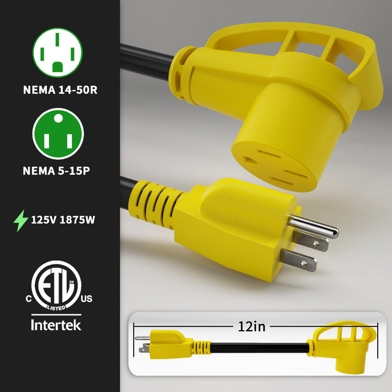 RV 50 Amp to 110 Adapter 12 inch, Heavy Duty 10/3 Gauge RV Electrical Adapter, NEMA 5-15P Male to NEMA 14-50R Female, STW 10AWG 15A 125V 1875W, Black-Yellow, ETL Listed