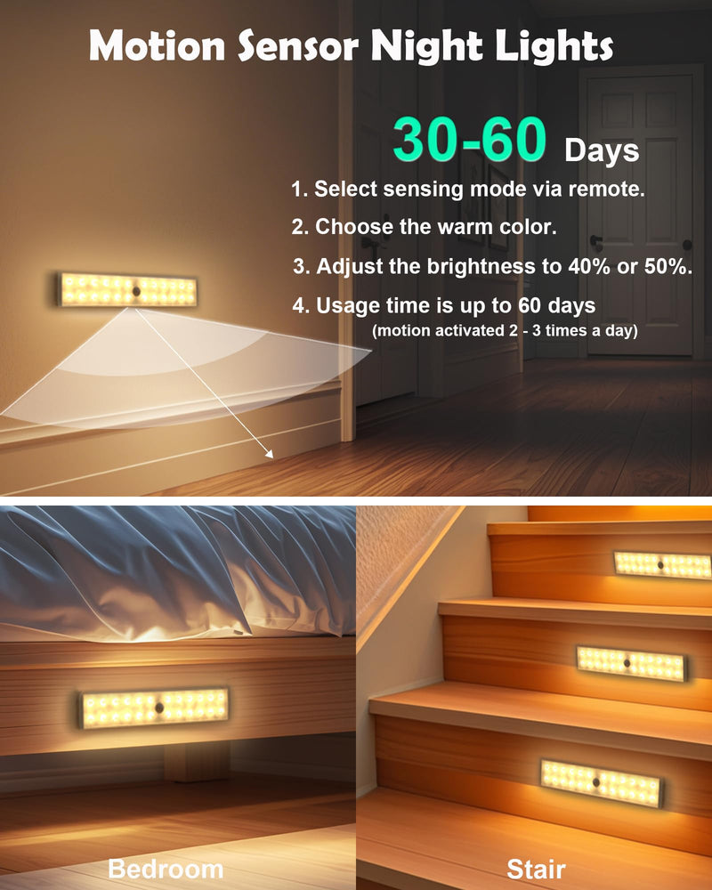 SZOKLED 58-LED Under Cabinet Lighting Wireless, RGB Motion Sensor Night Lights with Remote, 1100mAh Magnetic Under Cabinet Lights for Kitchen, Shelf, Stair, 15 Color (4 Pcs) Rechargeable / 4 Pack