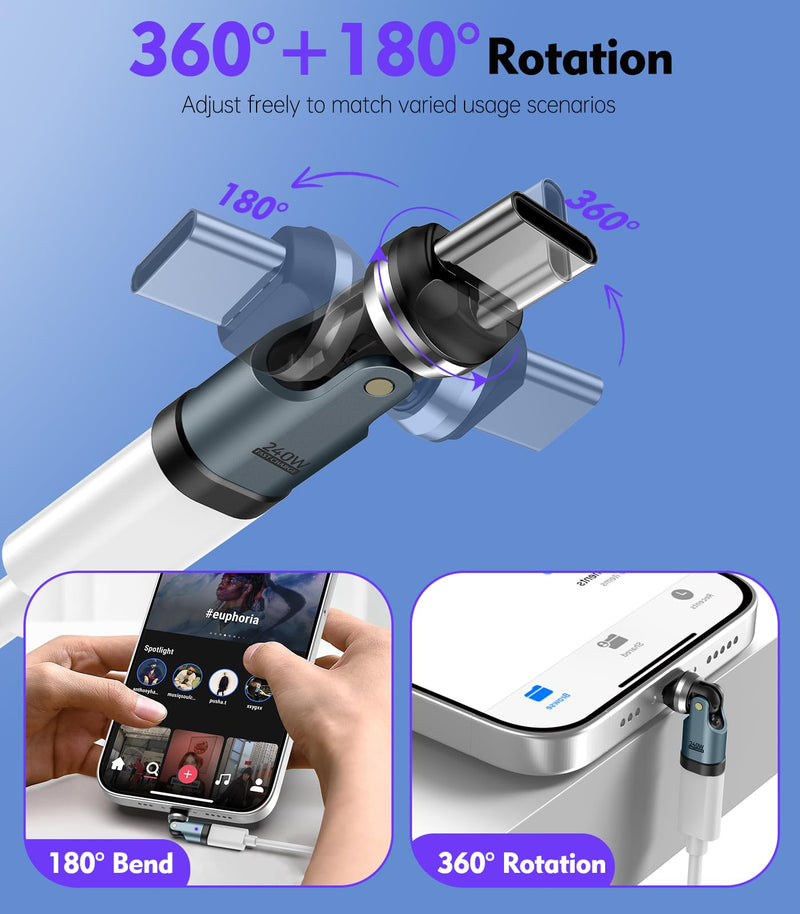 TiMOVO USB C Adapter, PD 240W Charging, 2-Pack, Gray | Supports Fast Data Transfer, 90° Bend, 360° Rotation, Universally Compatible with Type-C Phones/Computers