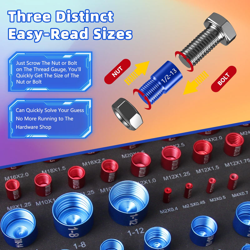 Thread Checker Set (55-Piece), Detachable Nut & Bolt Size Finder with Color-Coded Gauges, Bolt and nut Sizer, Ideal Gift for Mechanics, car Enthusiasts, DIYers, and Home Tool Kits