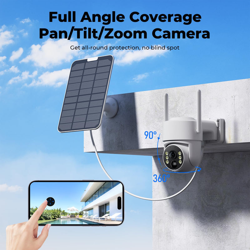Camcamp Security Cameras Wireless Outdoor, Solar Powered Wireless Security Camera System, 2K PTZ, Color Night Vision, PIR Motion Detection, App Alert, 2-Way Talk, IP66 Waterproof Add-on-Cam