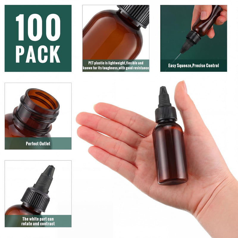 Irenare 100 Pcs 1oz Plastic Squeeze Bottles with Twist Cap Lids 30ml Clear Dispensing Bottles Empty for Sauces, Oil, Paint, Tattoo Ink, Crafts (Brown) Brown