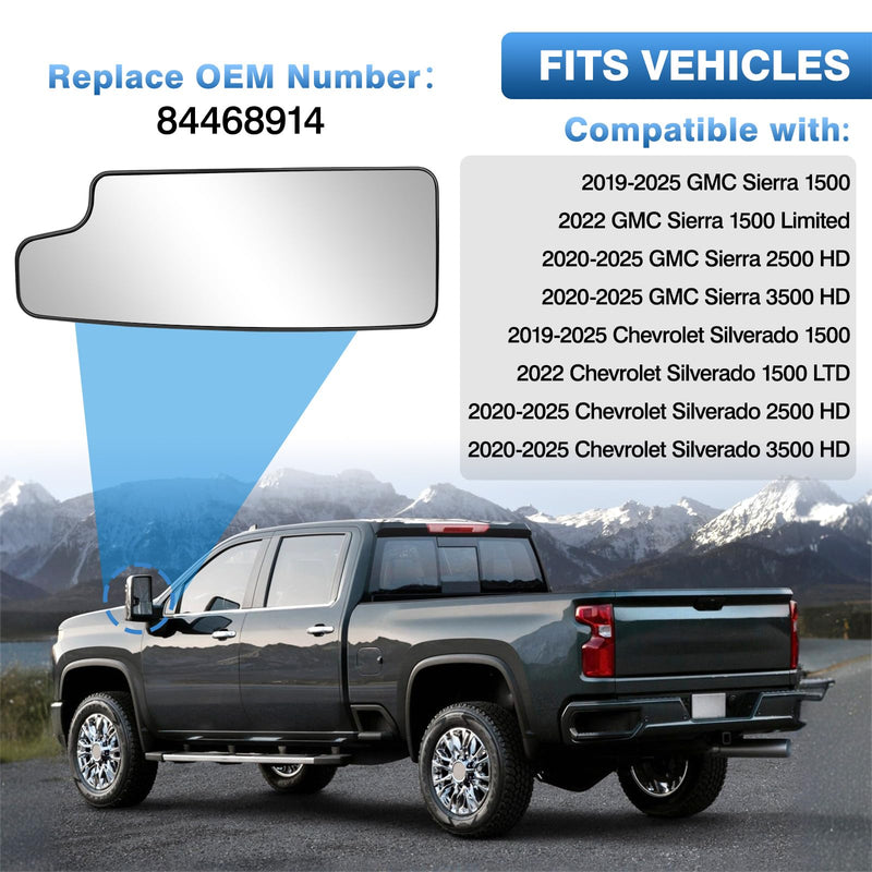 TOP-MAX Driver Left Side Towing Mirror Glass Replacement Fit for 2019 2020 2021 2022 2023 2024 2025 Chevy Silverado GMC Sierra 1500 2500 HD 3500 HD, Convex Lower Mirror Non-Heated with Back Plate Driver Side Non-Heated