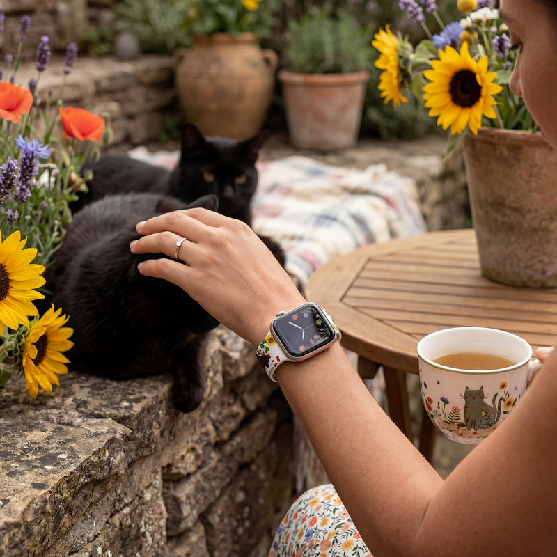 Floral Band Compatible with Apple Watch Band 41mm 40mm 38mm 45mm 44mm 42mm 49mm Women, Soft Silicone Printed Sport Strap for iWatch Series 11 10 9 8 7 6 5 4 3 SE Ultra Wildflower Meadow & Black Cat 38mm/40mm/41mm/42mm(series 11 10)