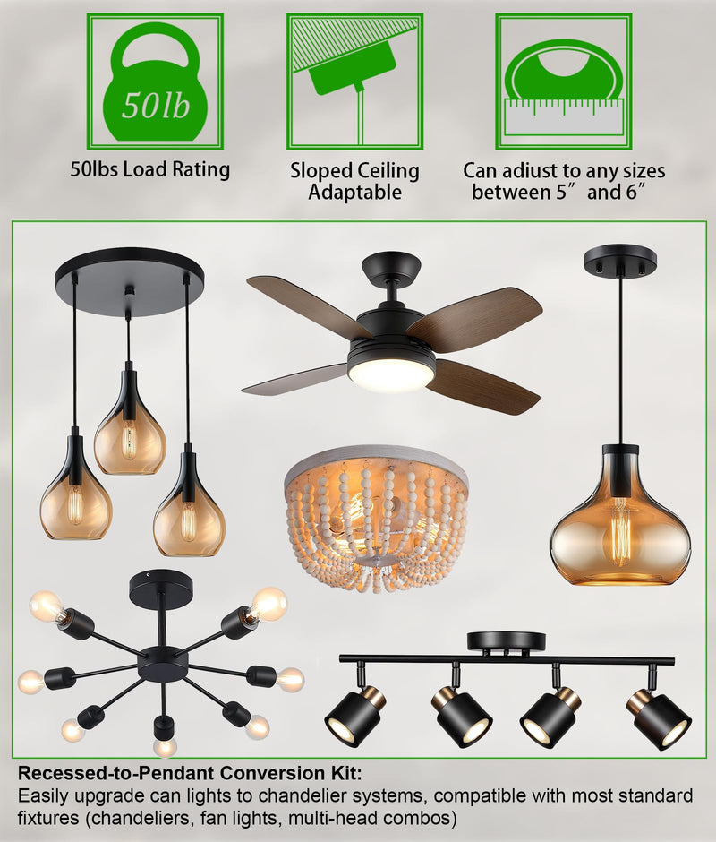 5 & 6 Inch Recessed Can Light Conversion Kit, Upgrade to Stylish Pendant & Hanging Light, Ceiling Fan Compatible, Includes 8-Inch 3D Ceiling Medallion (Matte Black Finish, 1-Pack) Black --1 pcs