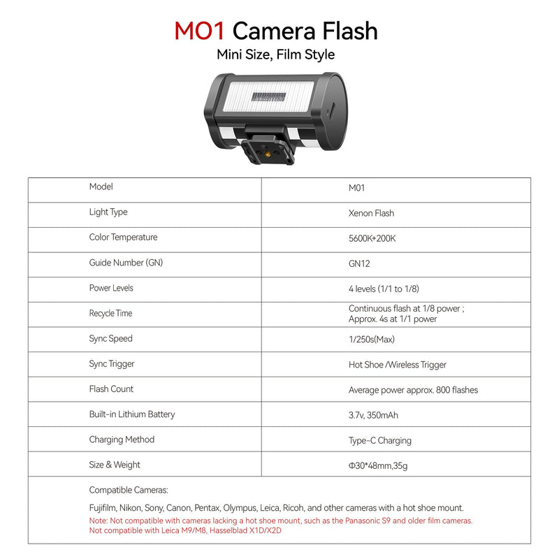 TTARTISAN M01 On-Camera Flash, Mini Flash Speedlite for Hot Shoe Camera, Lightweight Xenon Flash Light with 4 Power Level GN12 5600K±200K Compact Retro Camera (1)